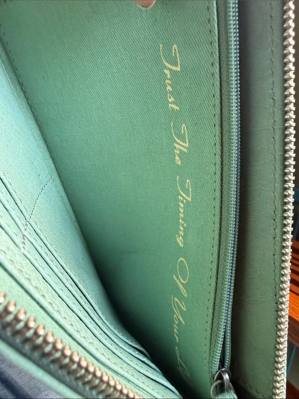 STS Braided Accent Light Green Leather Zip Wristlet Clutch
